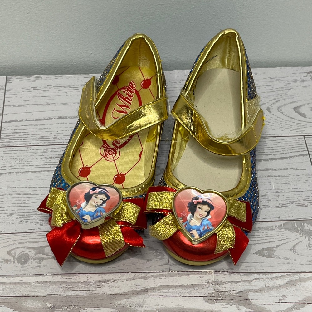 Disney Snow White Girls Blue Glitter Mary Jane Flats Gold Bow Shoes Size 7/8
